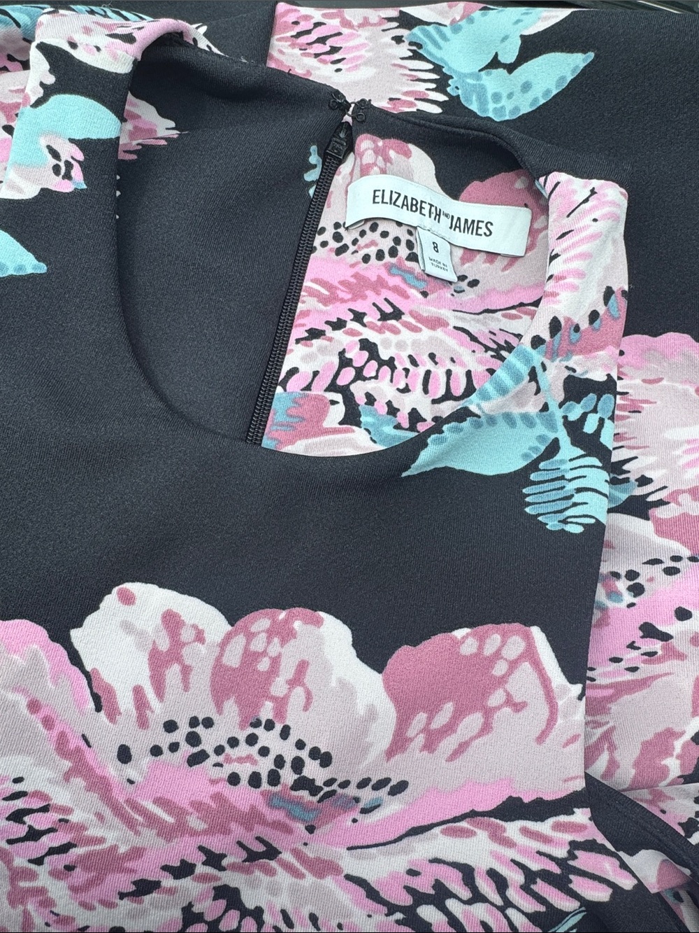 Elizabeth and James Black Dress with Pink and Aqua Floral Print
